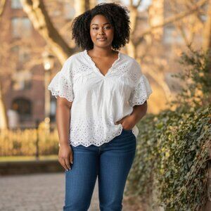 H&M Women's White Eyelet Short Sleeve V-neck Blouse (10)
